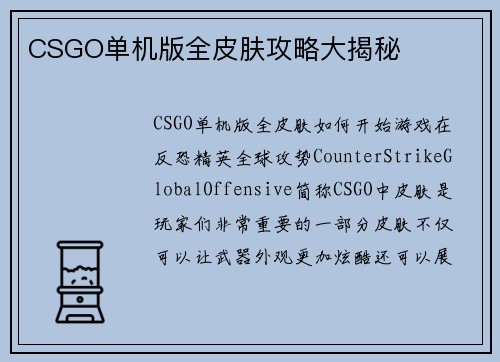 CSGO单机版全皮肤攻略大揭秘