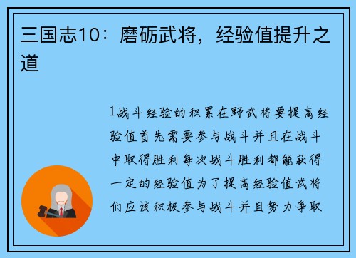 三国志10：磨砺武将，经验值提升之道