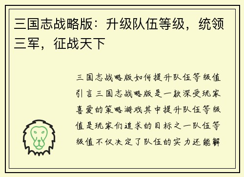 三国志战略版：升级队伍等级，统领三军，征战天下