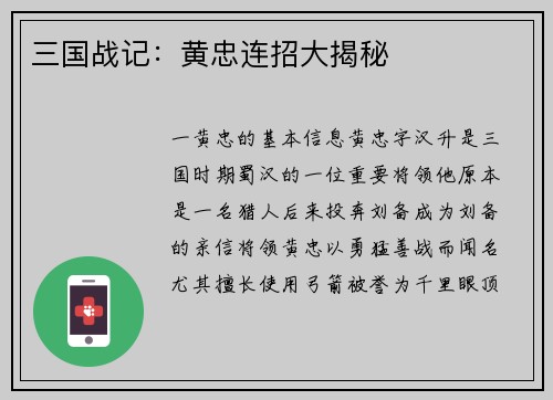 三国战记：黄忠连招大揭秘