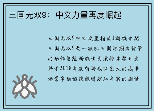 三国无双9：中文力量再度崛起